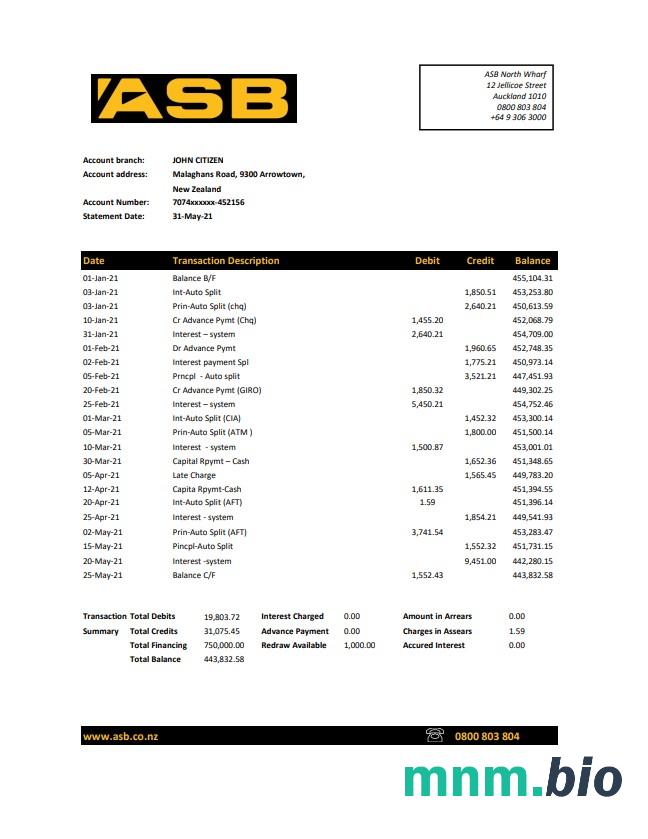 Szablon wyciągu bankowego asb w Nowej Zelandii w programie Word i PDF